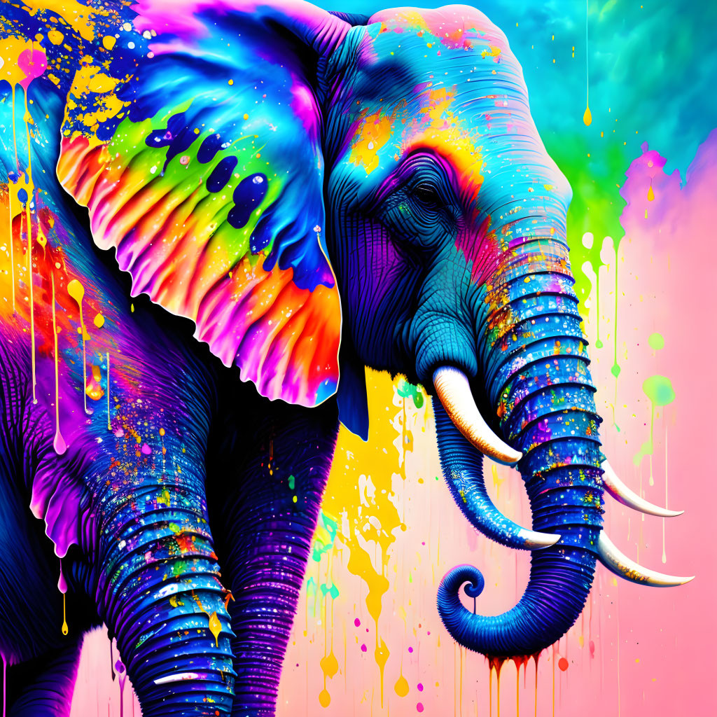 Colorful Psychedelic Elephant Illustration with Neon Colors