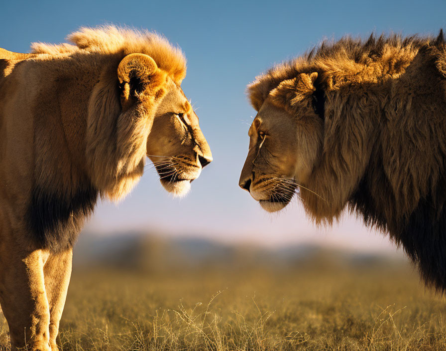 Two lions in savannah at dusk with warm light on manes.
