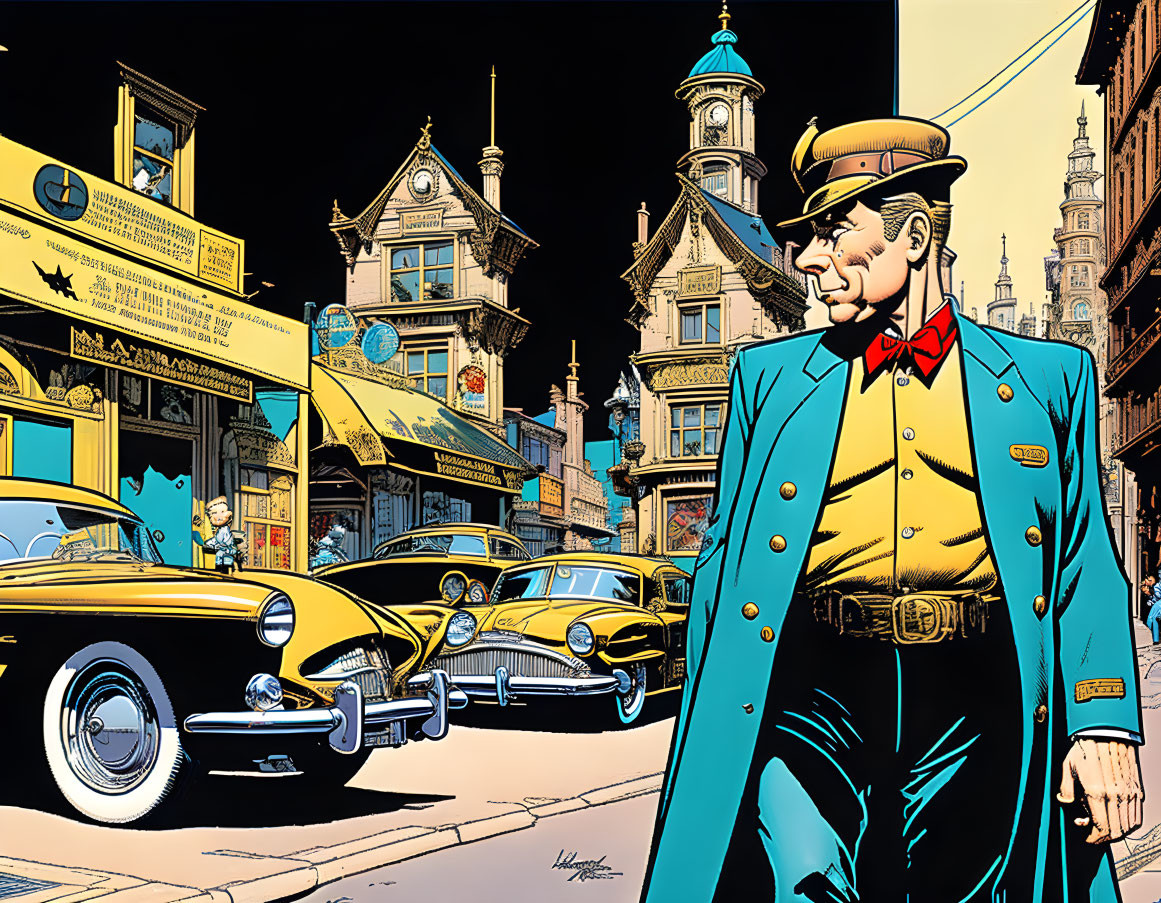 Detailed Cityscape with Uniformed Doorman and Yellow Taxis