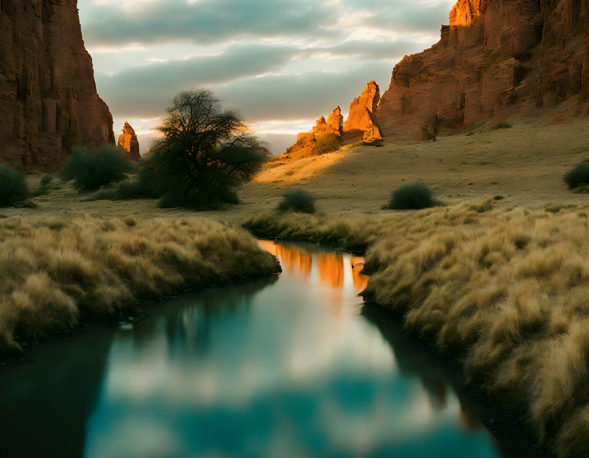 Tranquil river in grassy desert valley with sandstone cliffs at sunset