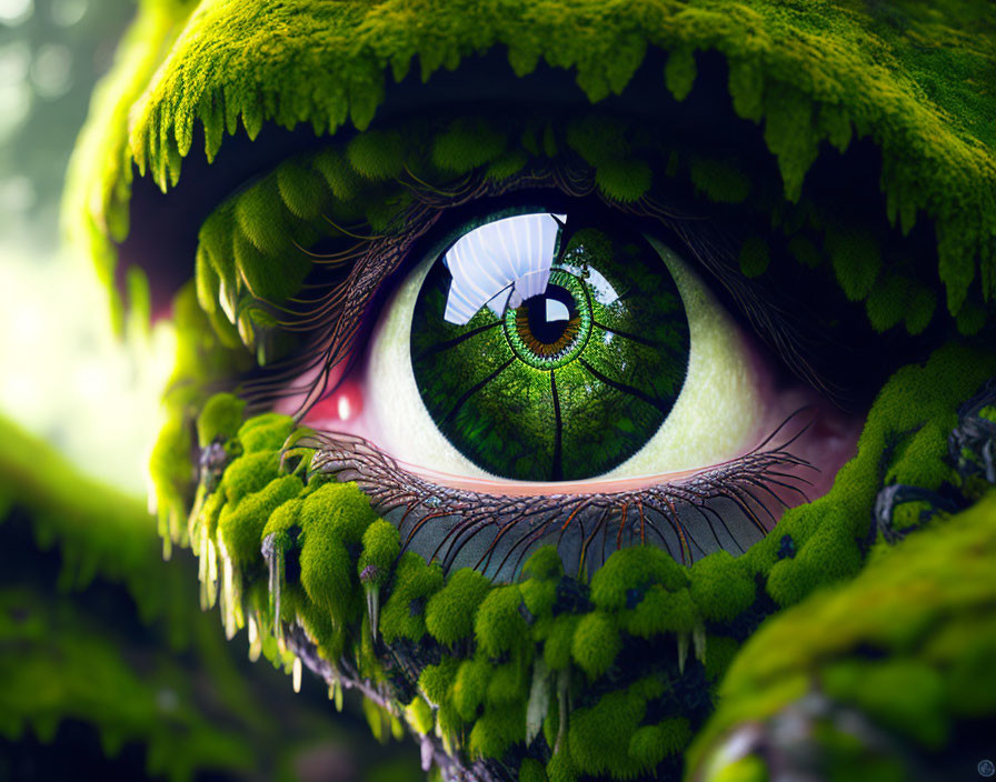 Detailed Close-Up Image: Green Eye with Moss-Covered Eyelids Surrounded by Foli