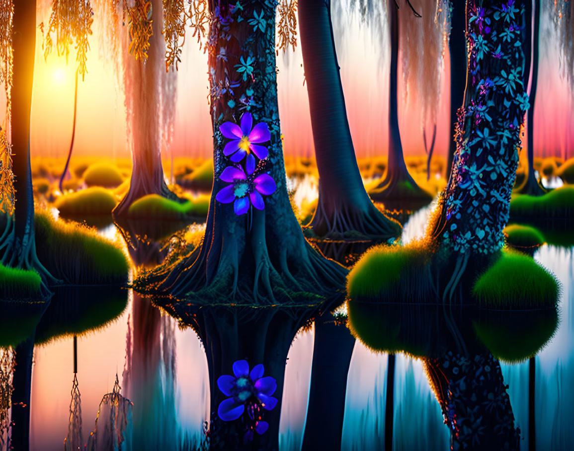Colorful Forest with Mirror Reflection of Willow Trees at Sunset