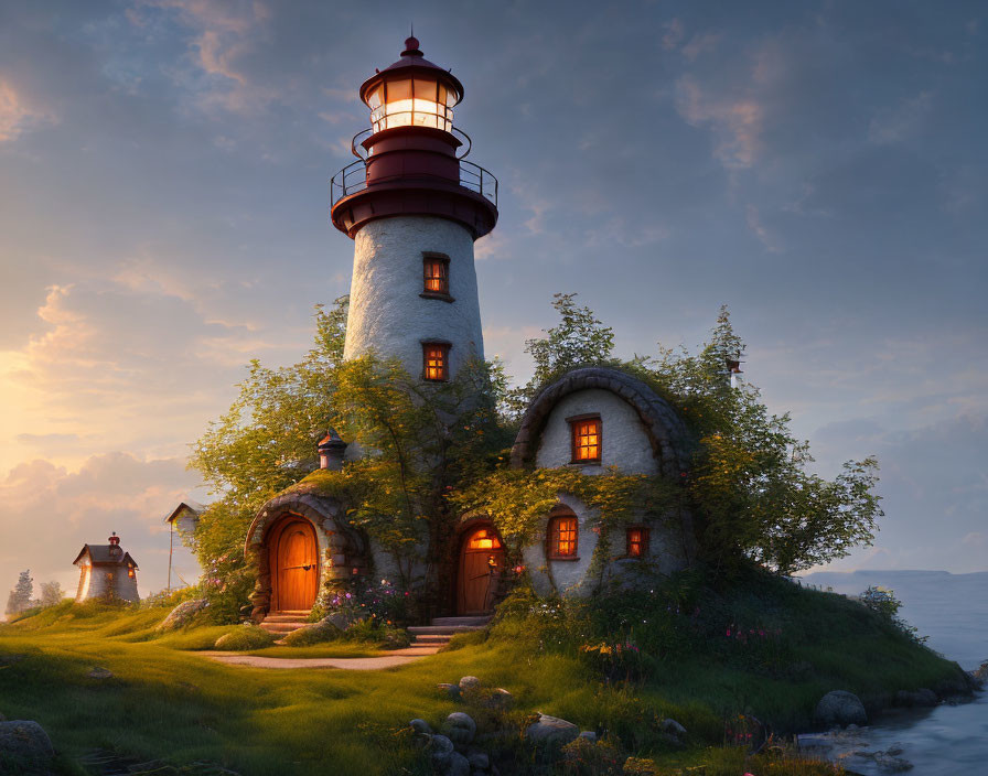 Picturesque lighthouse and hobbit-like homes on grassy knoll at sunset
