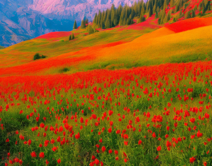 Rolling Hillside Covered in Vibrant Red Wildflowers and Rugged Mountain Backdrop