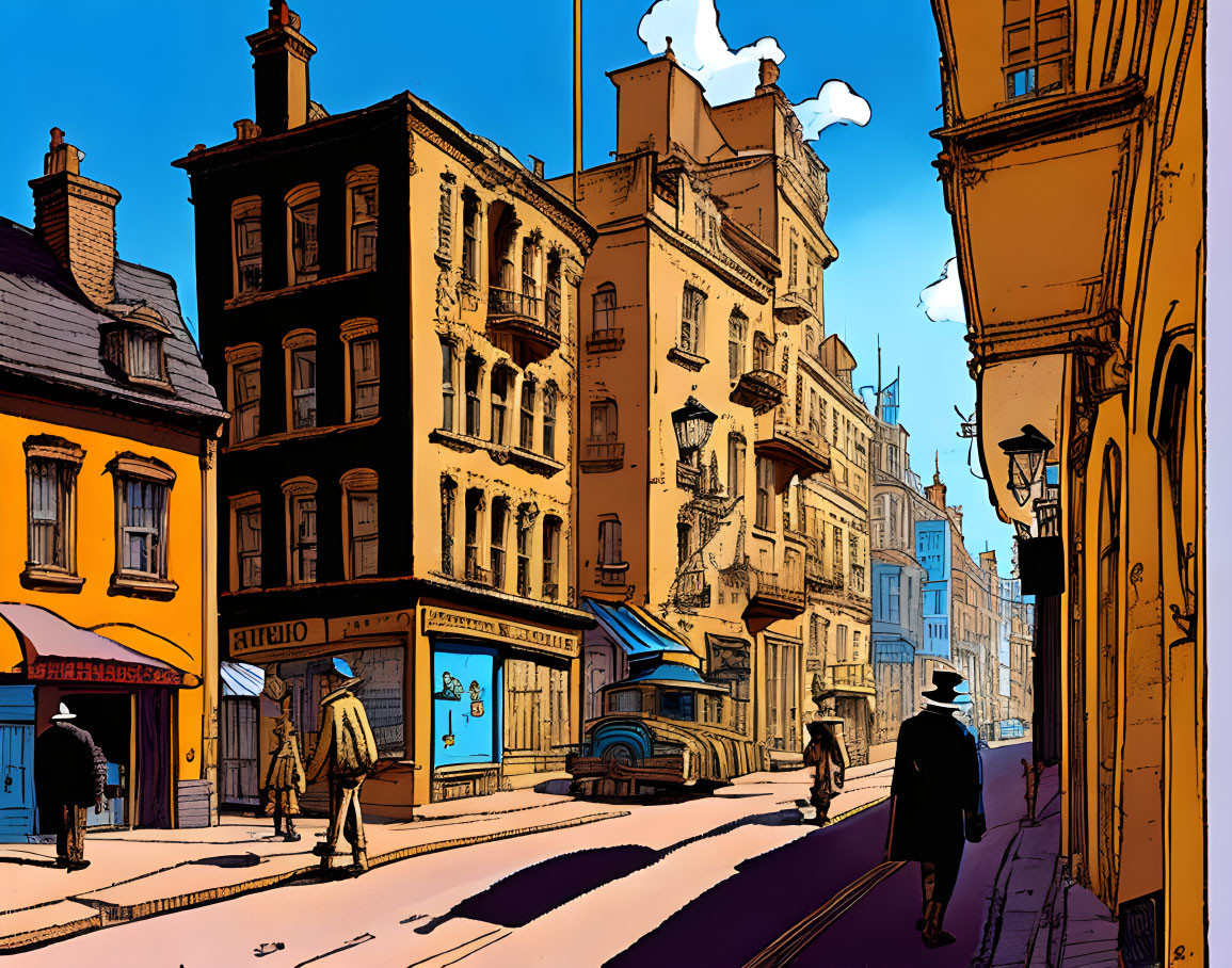 Comic book style street scene with old-fashioned architecture, people, and vintage cars