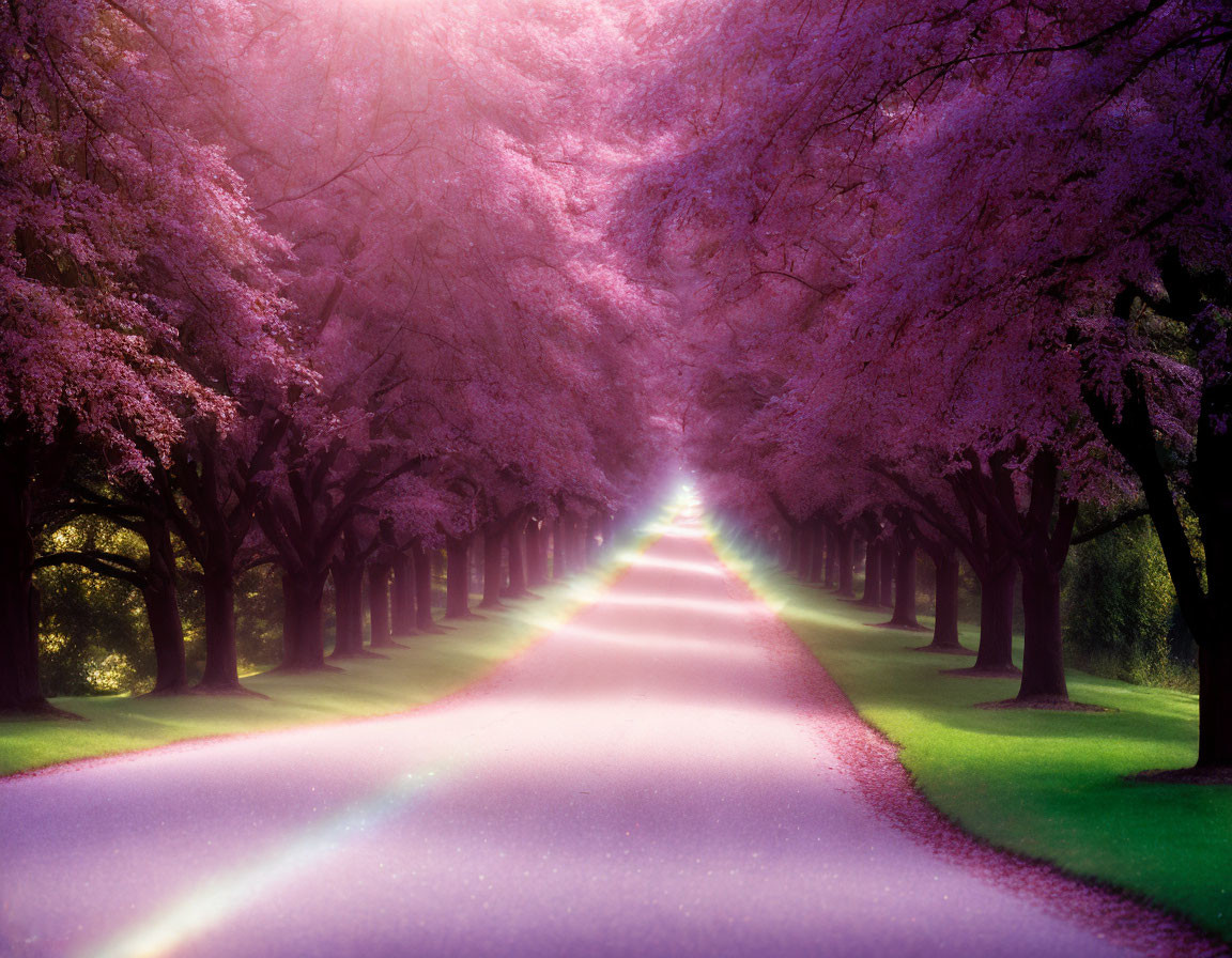 Tranquil path with blooming pink cherry blossom trees