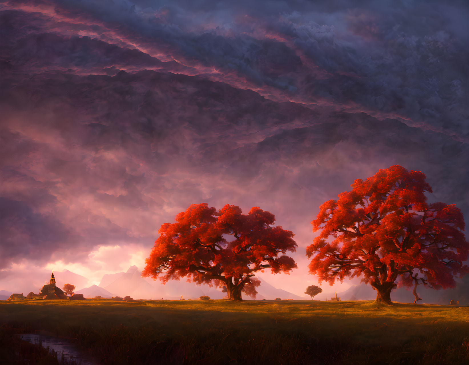 Vibrant red trees in dramatic landscape with house, mountains, and cloudy sky at sunset