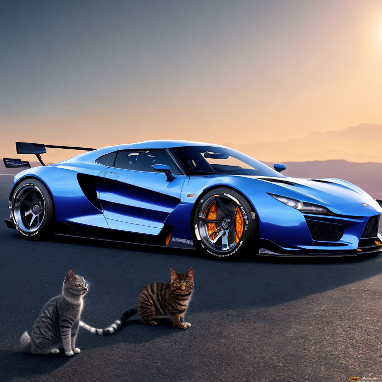 Blue sports car with white stripes on open road at sunset, two cats in foreground.