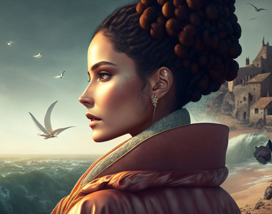 Detailed hairstyle woman gazes at sea with medieval castle and seagulls.