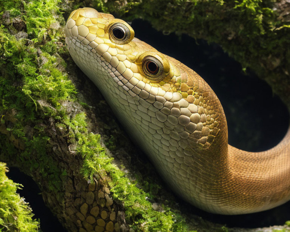 Detailed Close-Up of Snake in Moss-Covered Tree Hollow