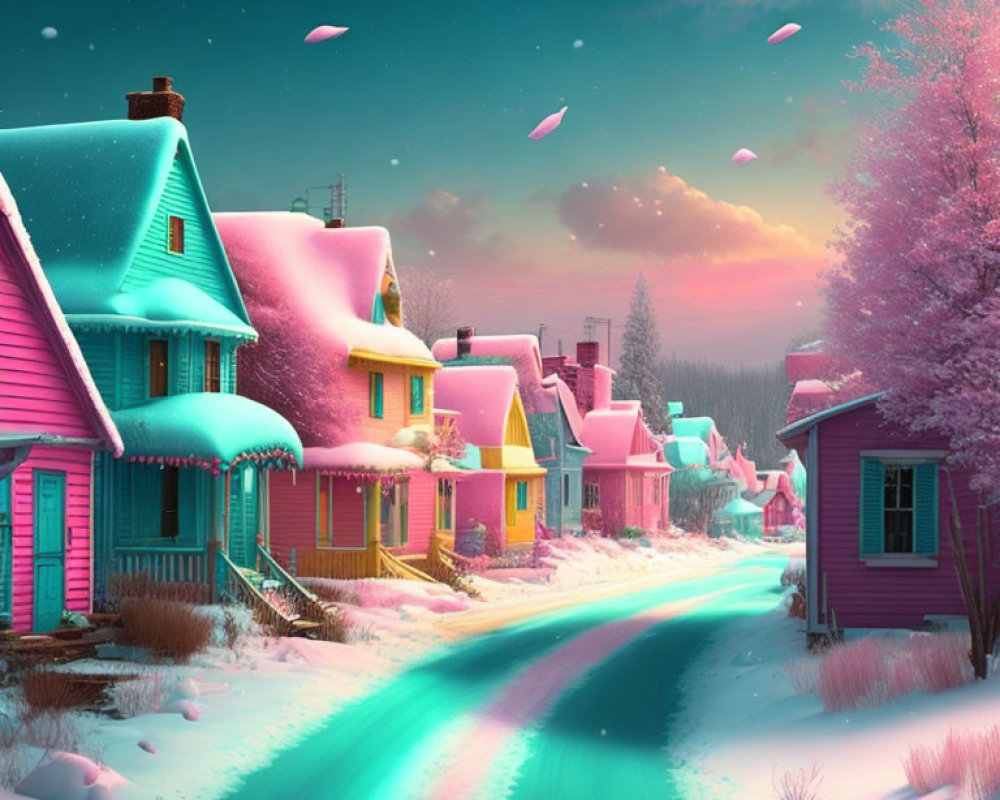 Vibrant village scene with pink sky, snow-covered rooftops, and blue path