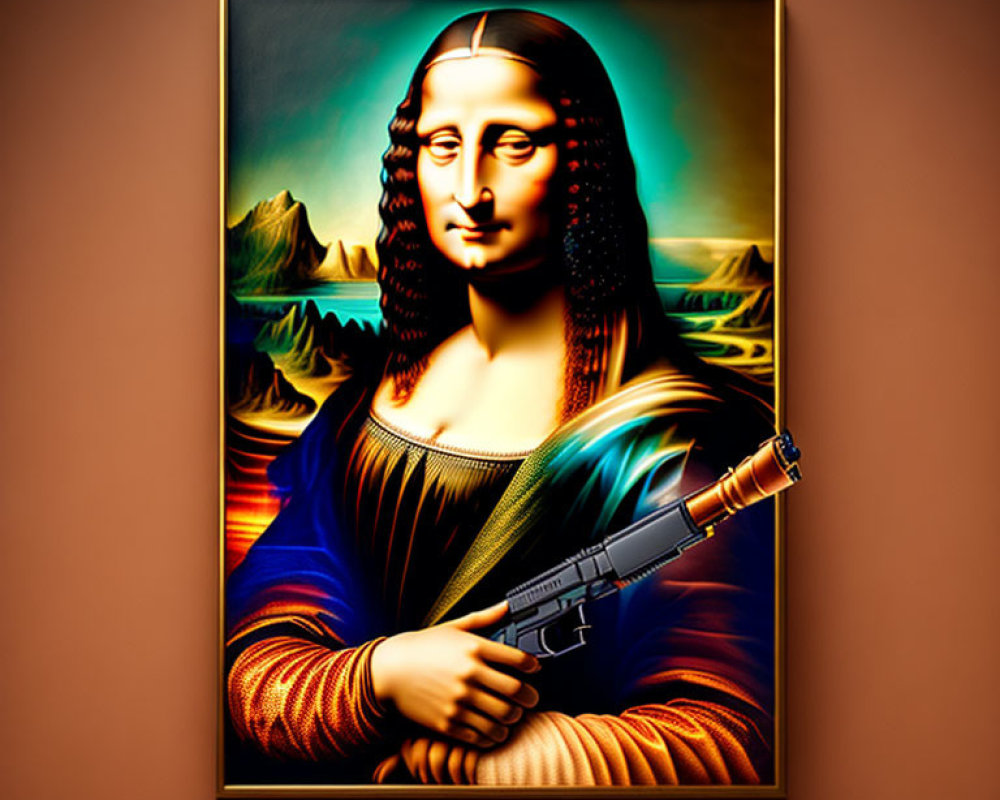 Surreal Mona Lisa with Assault Rifle on Brown Background