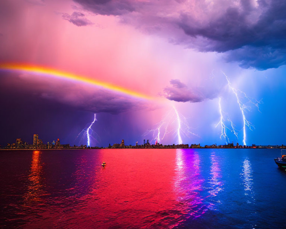 Cityscape with Rainbow, Lightning, and Purple Waters in Stormy Sky