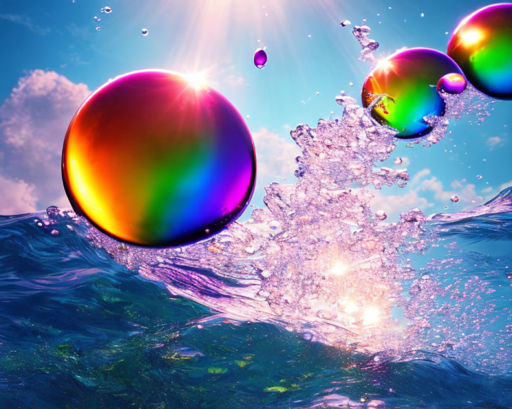 Colorful bubbles and water surface under bright sun with suspended droplets