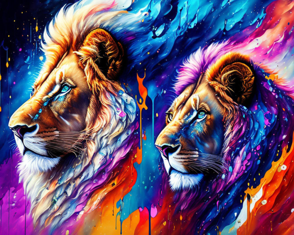 Colorful Artistic Rendition of Two Lions in Cosmic Background