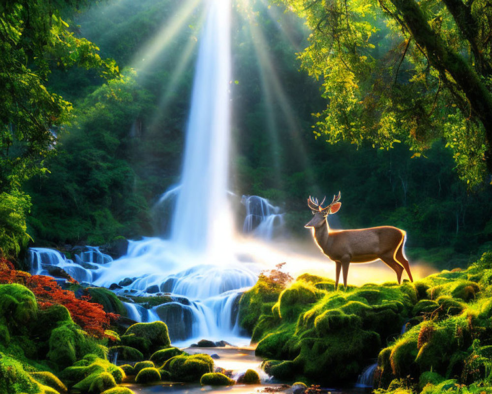 Majestic deer by cascading waterfall with sunbeams in forest