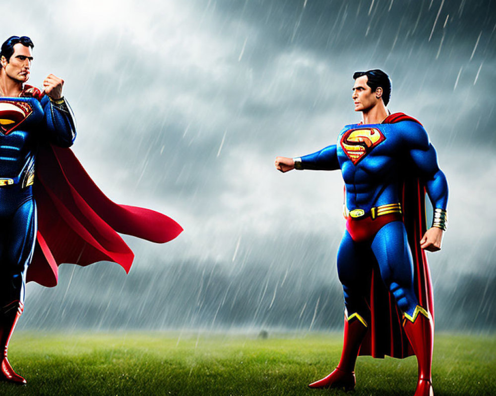 Two Supermans Pose Together in Stormy Rain