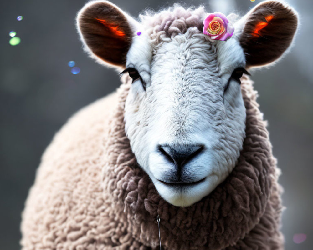 Fluffy brown sheep with pink rose in ear on soft-focus background