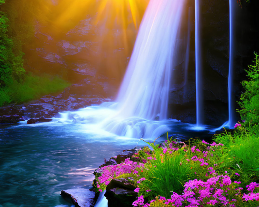 Tranquil waterfall in sunlight with pink flowers