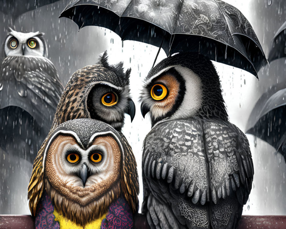 Four owls under umbrella on rail in rain