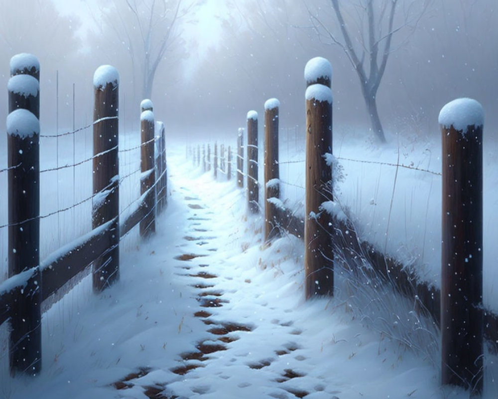 Snow-covered pathway with wooden fence posts and misty trees in serene winter scene