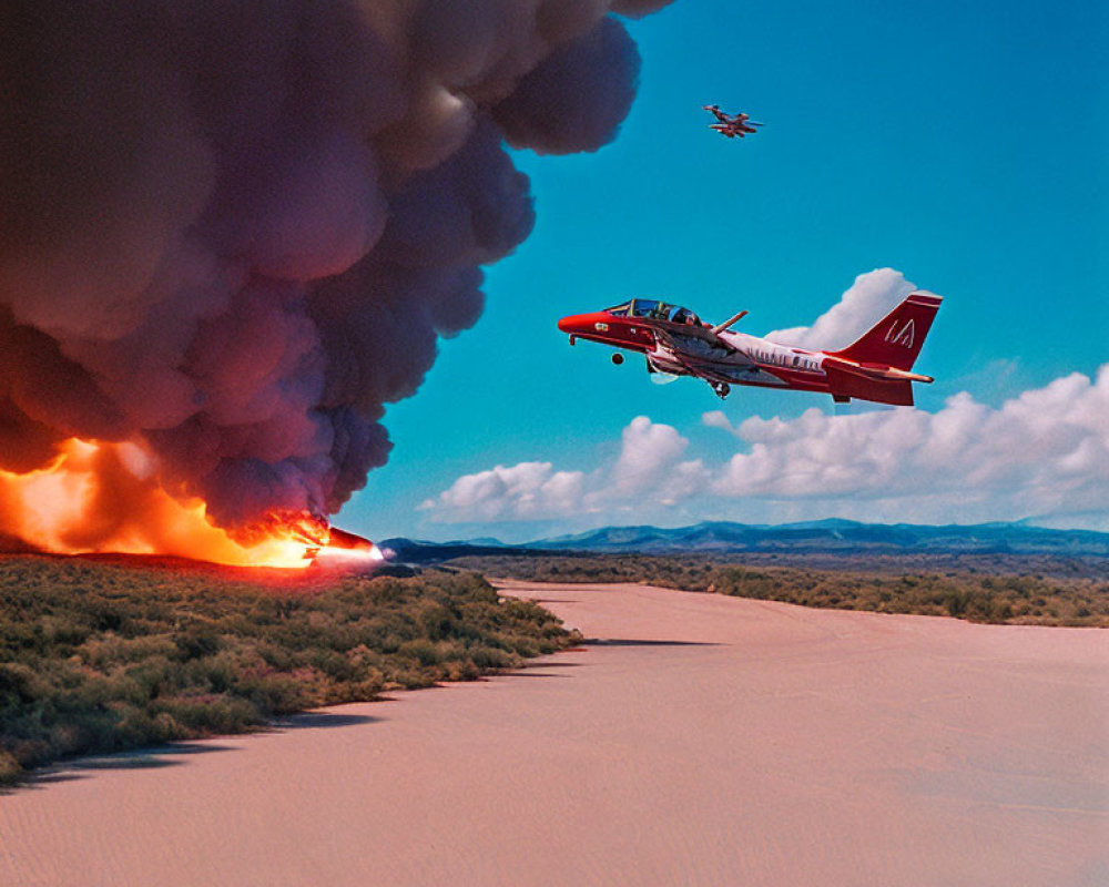 Firefighting planes drop retardant on large wildfire forest area