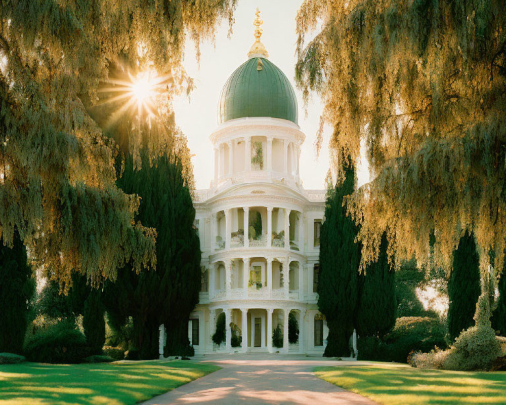 Lush trees surround grand white building with green dome and golden ornament