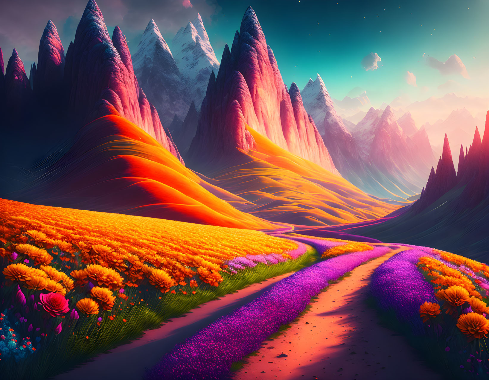 Colorful Path Through Orange and Purple Flower Fields with Snowy Peaks - Twilight Sky Landscape