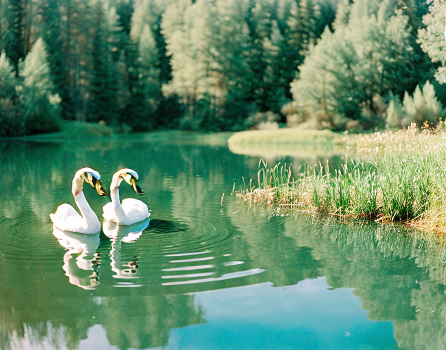 Tranquil forest lake scene with two swans and lush greenery.