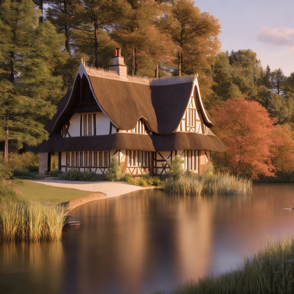 Thatched-Roof Cottage by Lake at Sunset