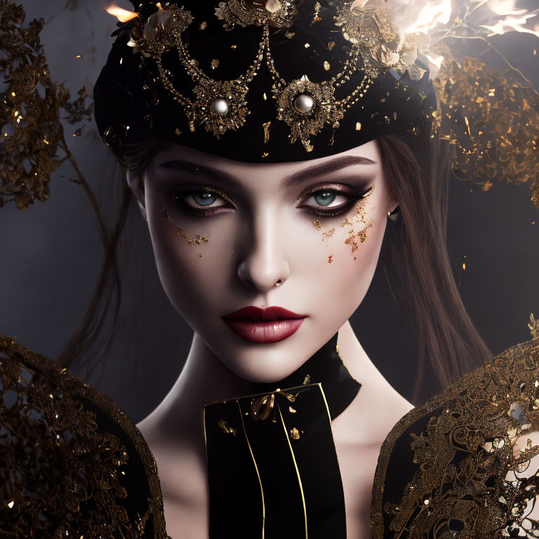 Portrait of woman with green eyes in black and gold crown & attire