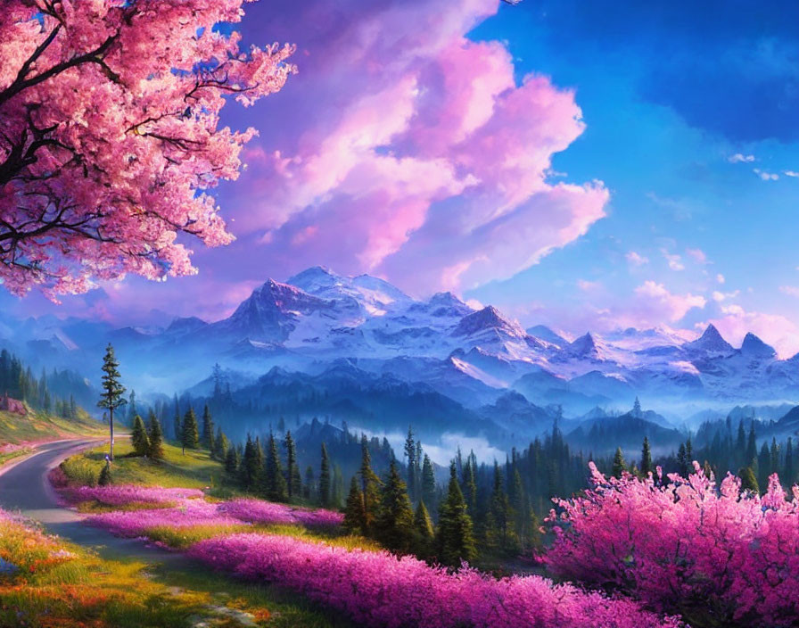 Scenic landscape with pink cherry blossoms, winding path, greenery, snow-capped mountains.