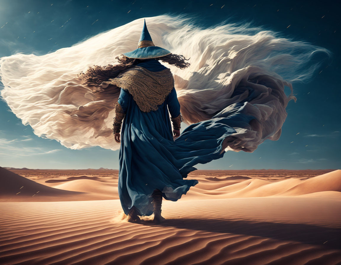 Wizard costume in desert dunes under dramatic sky