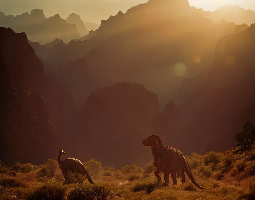Dinosaur silhouettes in rugged sunset landscape