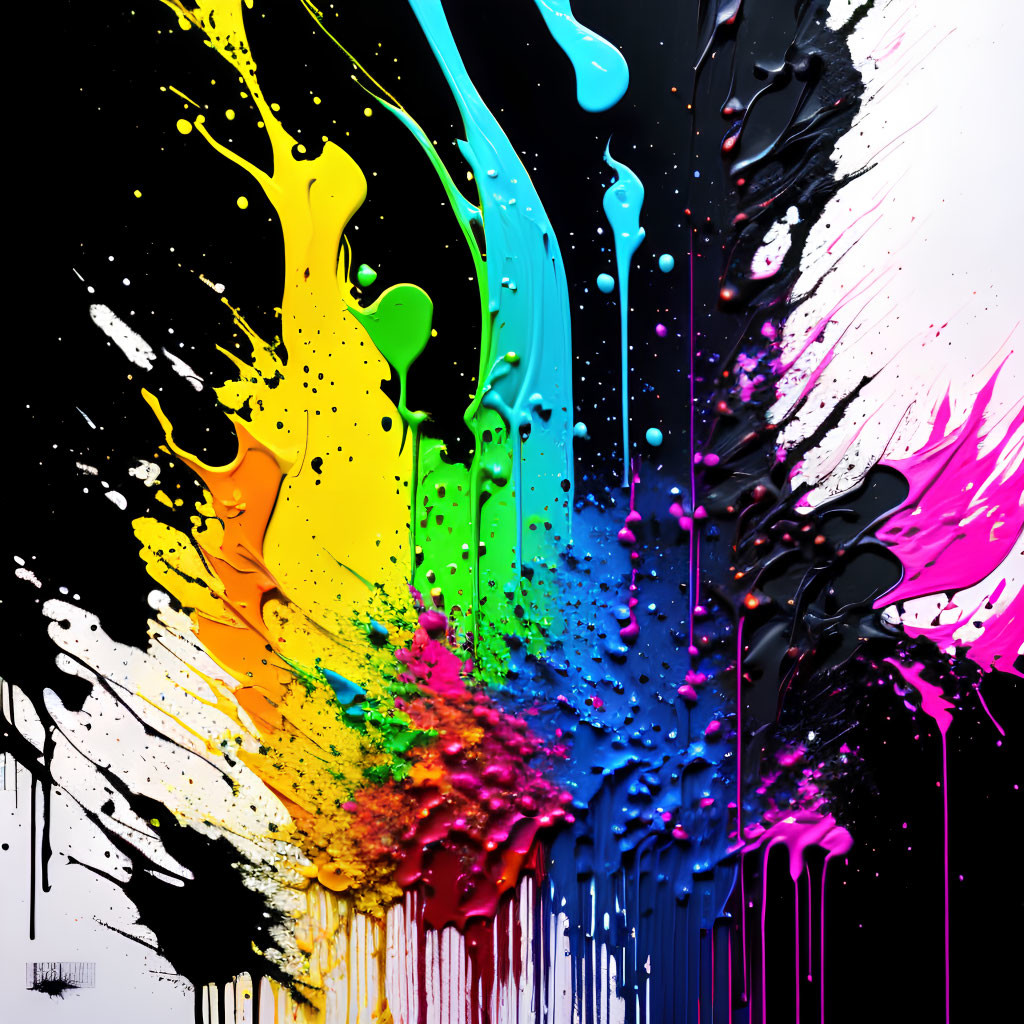 Colorful Paint Splashes on Black Background: Dynamic and Artistic Explosion