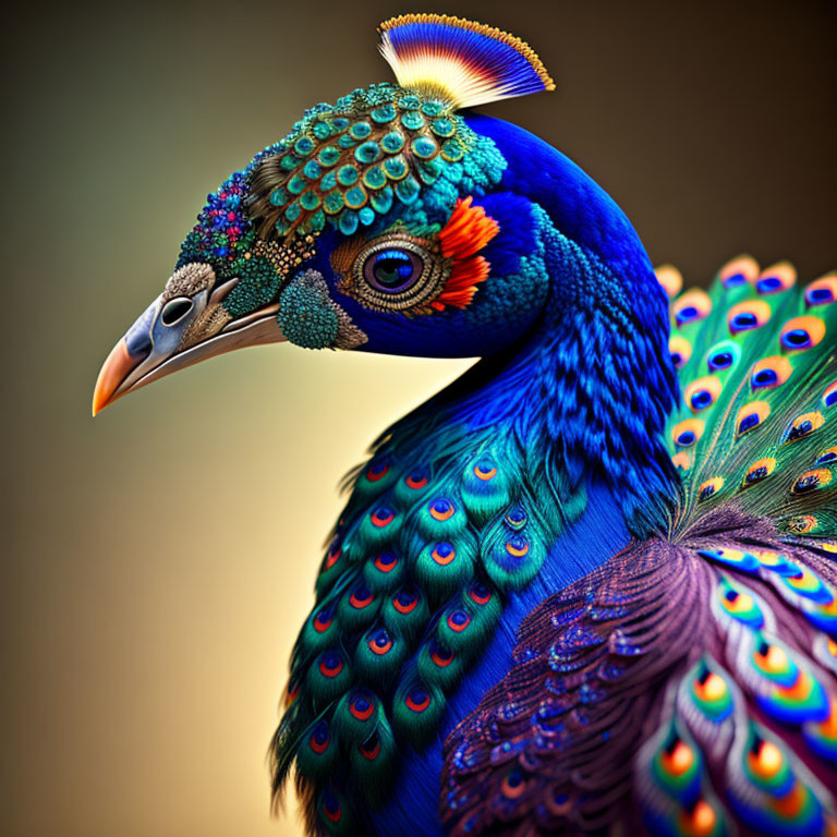Colorful close-up of a peacock displaying iridescent blue and green feathers