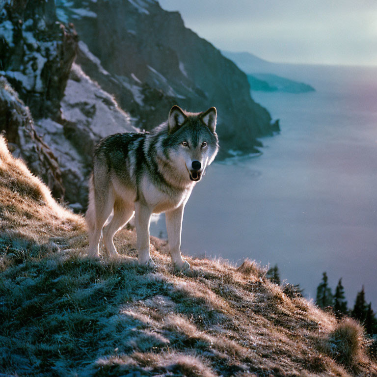 Wolf on grassy hillside at dusk with tranquil sea and sunlight breaking through clouds