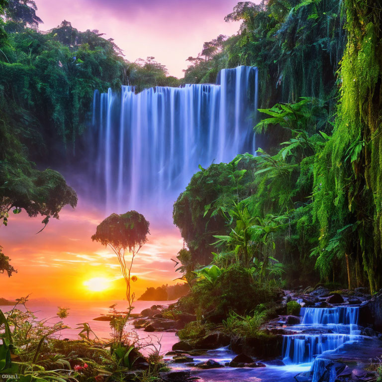 Scenic waterfall with lush greenery and vibrant sunset