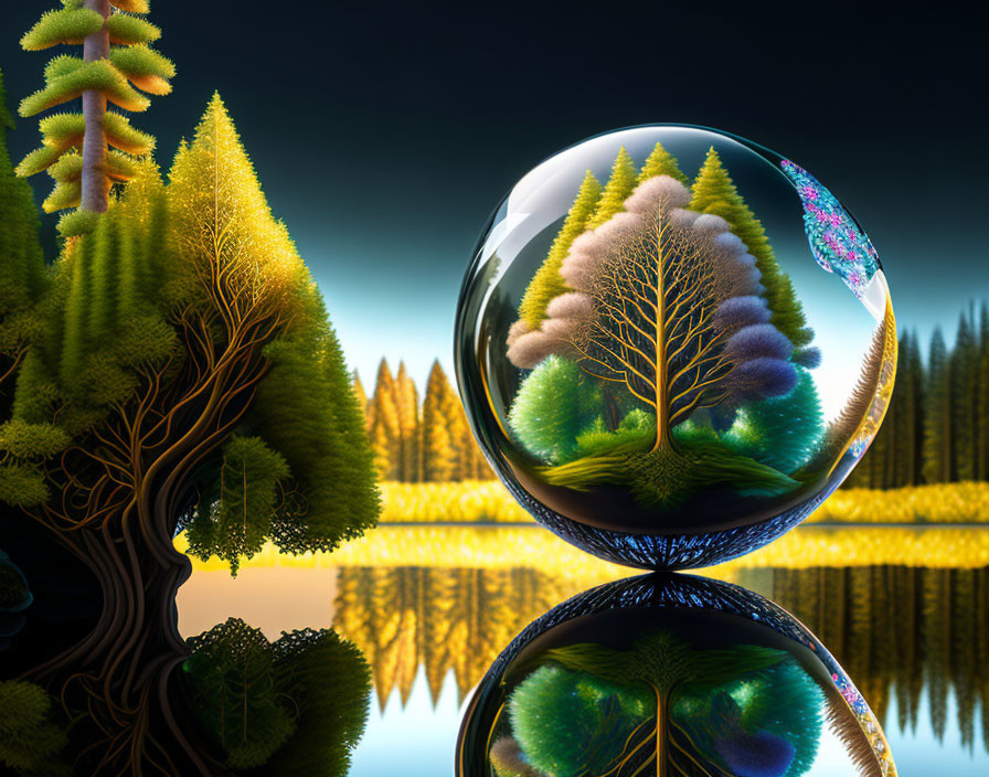 Digital artwork: Crystal ball reflects luminous forest scene