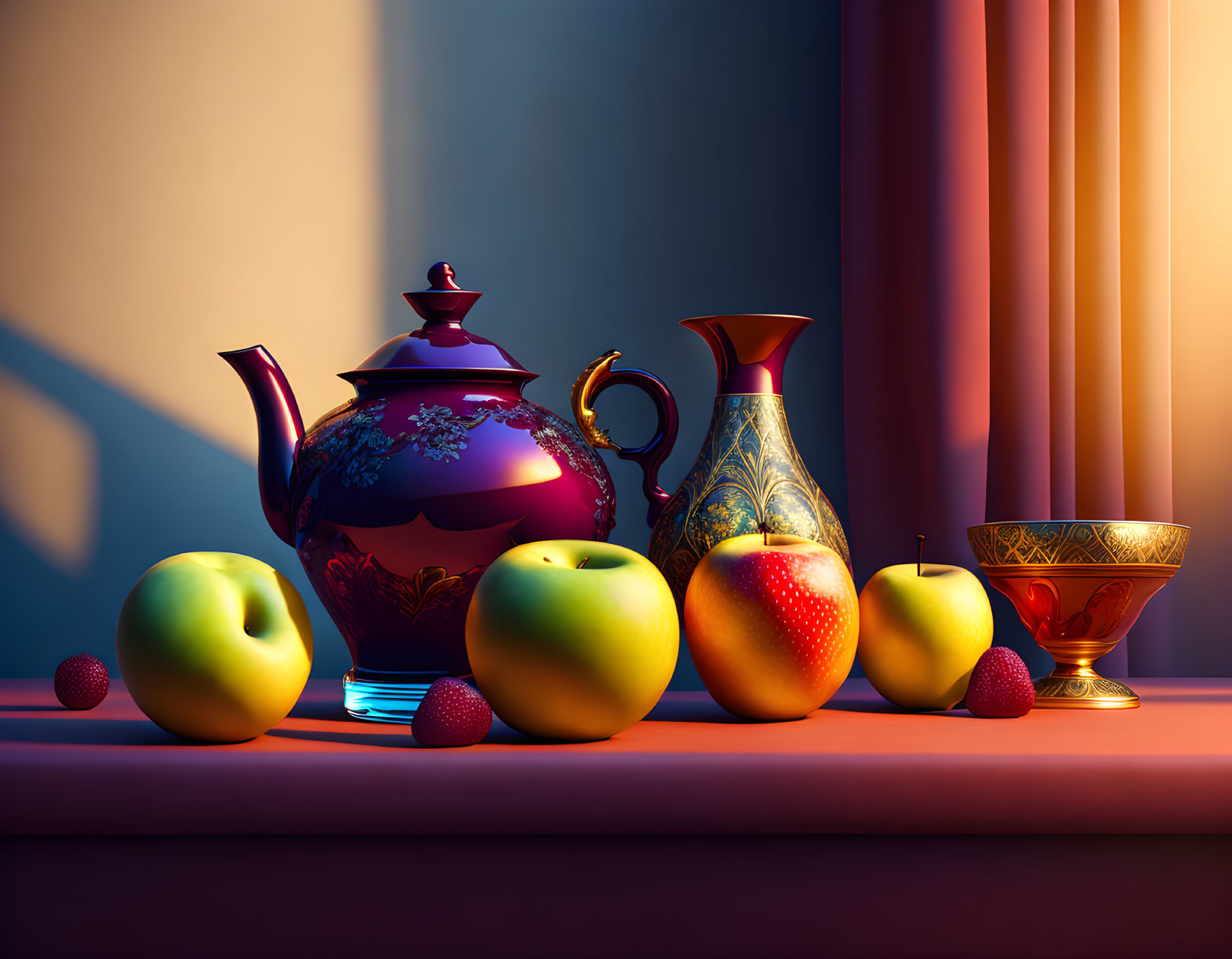 Ornate teapot, decorated vase, fruits, and bowl in warm sunlight.