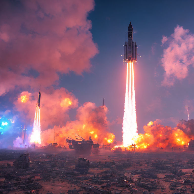 Cityscape at dusk with multiple rockets launching and fiery explosions.