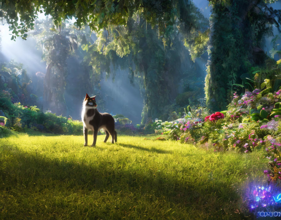 Black and white dog in sunlit clearing surrounded by greenery and flowers