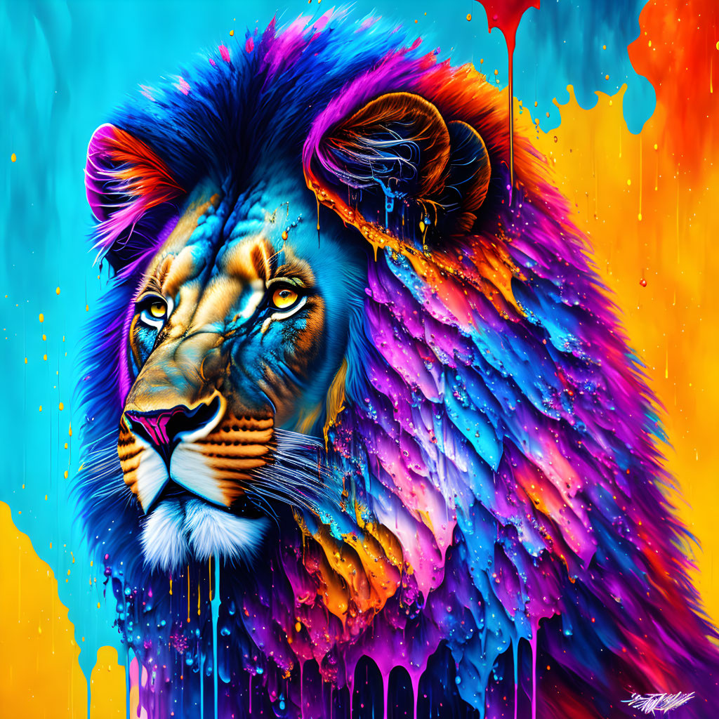 Colorful digital artwork of a lion with melting mane on bright background