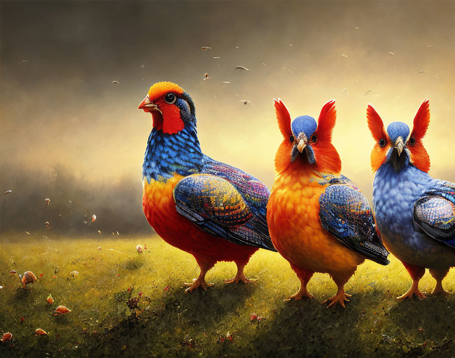 Colorful Birds with Peacock and Parrot Features in Misty Field