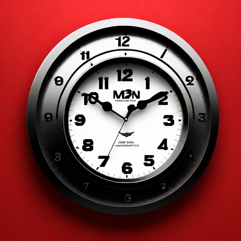 Analog Wall Clock with Black and White Face on Vivid Red Background, Time 10:10
