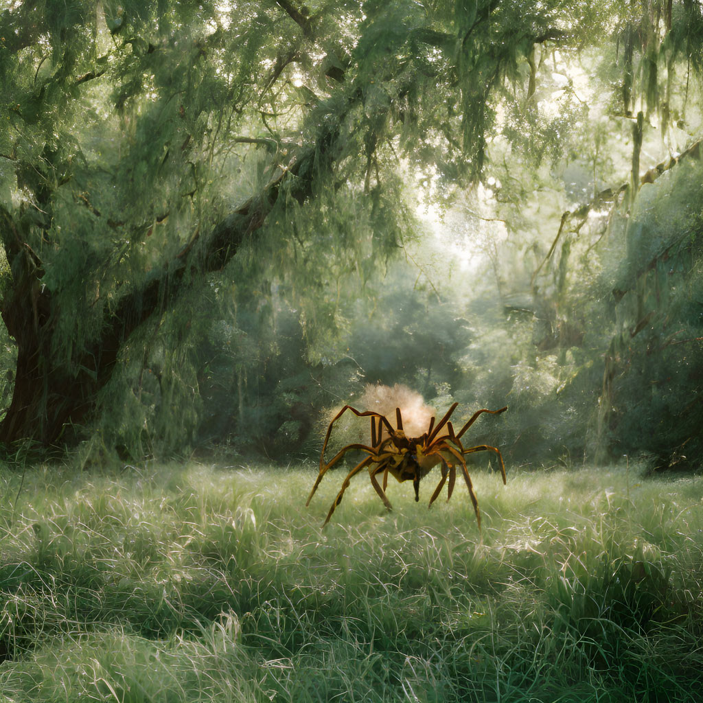 Majestic spider in mystical forest with sunbeams and lush foliage