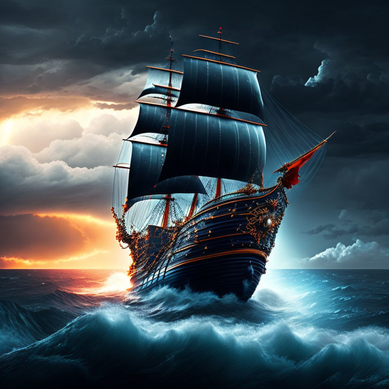 Majestic sailing ship with dark sails in tumultuous ocean waves at sunset