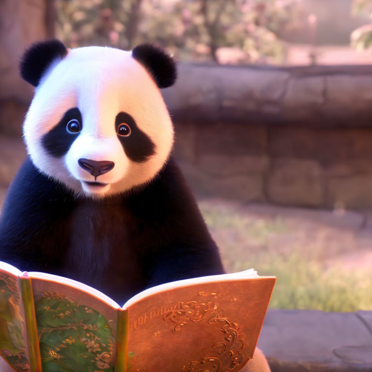 Animated panda reading book in tranquil garden setting