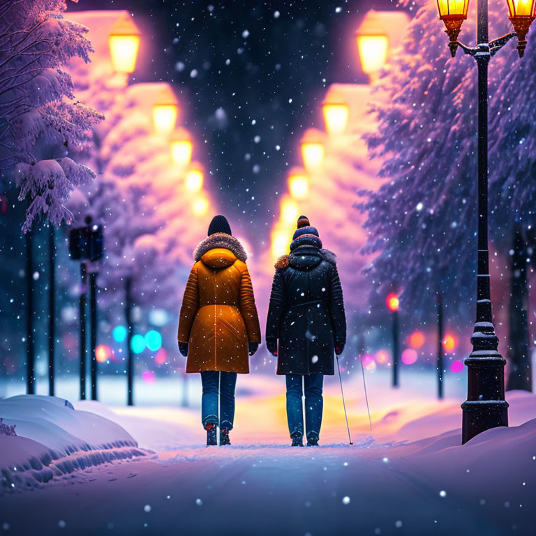 Snowy path with two people walking under lit street lamps