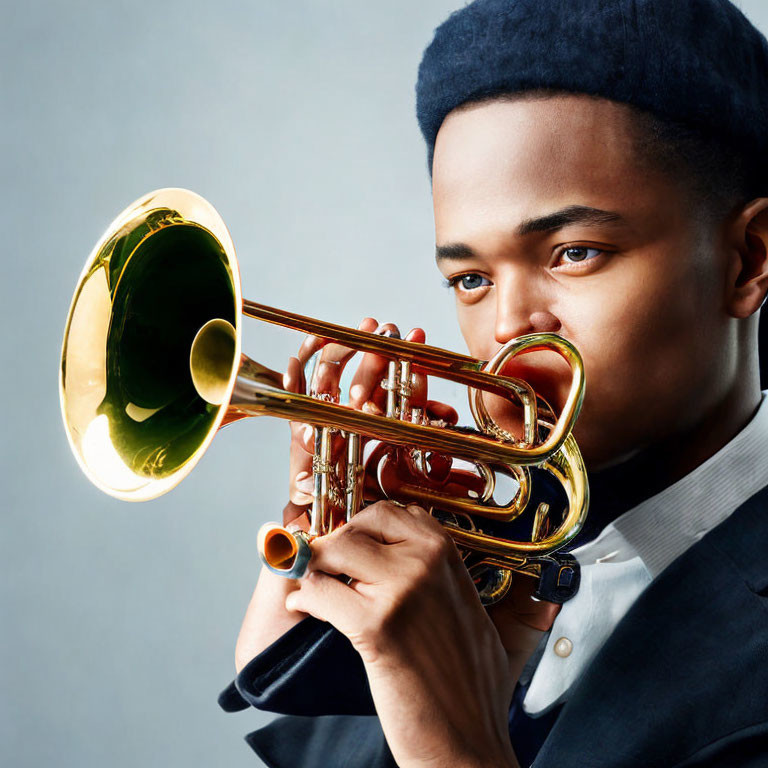Young man in suit playing trumpet on grey background